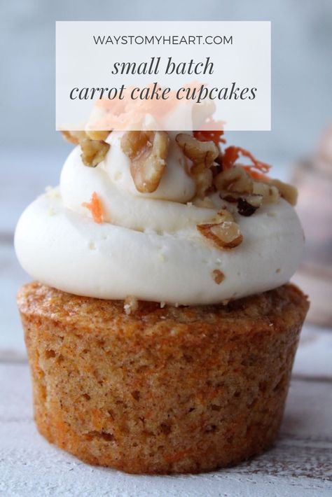 Small batch carrot cake cupcakes for when you don't need 2 dozen! SUPER moist cake with the dreamiest cream cheese frosting you'll ever taste! #cupcakes #baking #easter #carrotcake Carrot Cake For Two Recipe, Carrot Cake Small Batch, Small Batch Carrot Muffins, Small Batch Carrot Cake Cupcakes, Small Batch Cupcake Recipe, Carrot Cake Small, Small Carrot Cake Recipe, Wedding Carrot Cake, Small Batch Carrot Cake