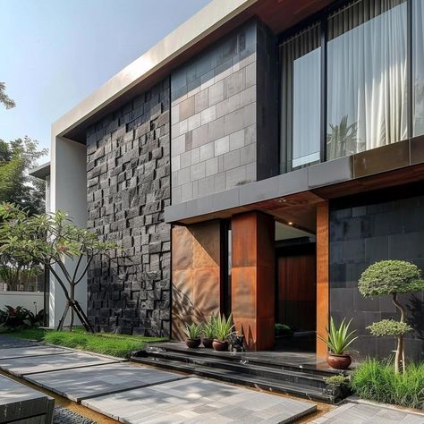 Stone Cladding Exterior Modern, Modern Contemporary House Exterior, Industrial House Exterior, Double House, Town House Architecture, Home Elevation, House Front Door Design, Steel Structure Buildings, Facade Architecture Design