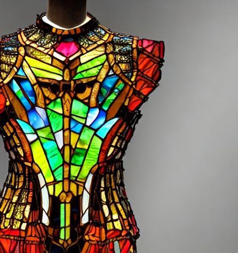 Stained Glass Outfit, Stained Glass Character Design, Stained Glass Costume, Stained Glass Armor, Stained Glass Corset, Stained Glass Character, Stained Glass Dress, Glass Armor, Bard Character