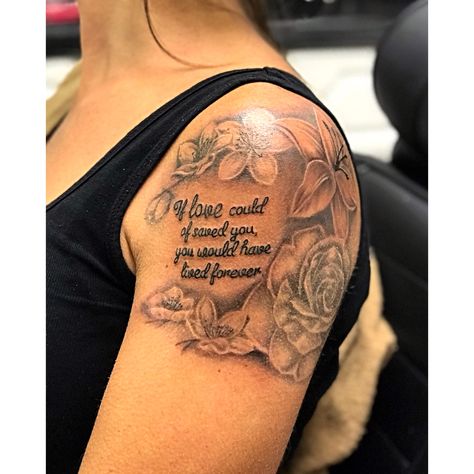 Memorial Tattoo Black Women, Shoulder Tattoos For Women Memorial, Girly Memorial Tattoos, Memorial Sleeve Tattoos For Black Women, Rose Remembrance Tattoo, In Memory Rose Tattoos, Rose Tribute Tattoos, Tattoo Ideas Memorial Mom, Memorial Arm Tattoos For Women