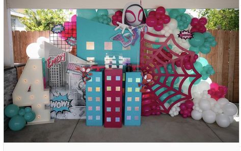 Ghost Spider Party Decorations, Spider Gwen Party Ideas, Gwen Spiderman Birthday Party, Ghost Spider Decorations, Gwen Stacy Birthday Party Ideas, Gwen Ghost Spider Birthday Party, Ghost Spider Party Ideas, Spider Gwen Birthday Party Ideas, Girl Spidey Birthday Party