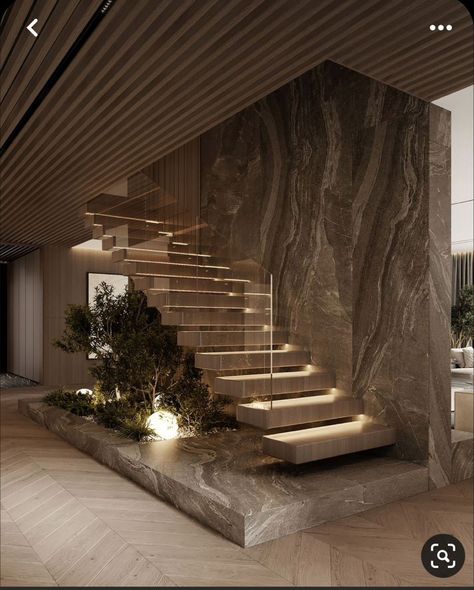 Stone And Wood Architecture, Modern Stone House Interior Design, Unique Stair Railing Ideas, Modern Home Stairs, Unique Staircase Ideas, Modern Wood Stairs, Modern Stairs Ideas, Stone Stairs Interior, Under Stairs Design