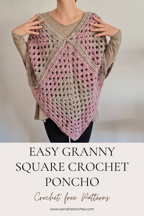 Granny Square Poncho Pattern - Rustic Rose - Sandra Stitches Granny Square Poncho Pattern, Square Poncho Pattern, Poncho Pattern Free, Crochet Poncho Free Pattern Woman, Crochet Poncho Patterns Easy, Crochet Poncho Pattern, Classic Granny Square, Granny Square Poncho, Bobble Stitch Crochet