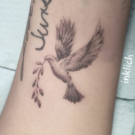 Greek Dove Tattoo, Beautiful Dove Tattoos, Colored Dove Tattoo, Dove Tattoo Feminine, Pretty Dove Tattoo, White Winged Dove Tattoo, Dove Name Tattoo, Dove Spine Tattoo, Dove Tattoo Aesthetic