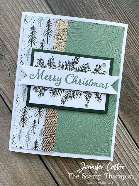 Christmas card using Stampin' Up!®'s Evergreen Elegance Bundle. I also used the Be Dazzling Sale a Bration Specialty Paper, Tidings of Christmas designer series paper, Wintry embossing folder, and the Holiday Rhinestones. Video, supply list, and measurements on the blog. Click the photo to go to the blog post! #StampinUp #StampTherapist #EvergreenElegance Happy New Year Cards Handmade 2024, Stampin Up Weihnachten, Stamped Christmas Cards, Cards To Make, Simple Christmas Cards, Easy Cards, Christmas Card Art, Homemade Christmas Cards, Stampin Up Christmas Cards