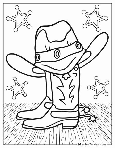 Rodeo Drawings Pencil, Rodeo Coloring Pages Free Printables, Cowboy Printables Free, Cowboy Arts And Crafts For Kids, Cowboy Hat Coloring Page, Western Day Activities For Preschool, Free Western Coloring Pages, Western Day Activities, Wild Wild West Crafts