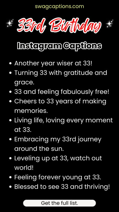 Celebrate your 33rd milestone in style with these trendy and heartfelt Instagram captions! Find the perfect words to capture every moment of your special day. Let your birthday shine with 33rd Birthday Instagram Captions. 33 Birthday Caption Ideas, 33 Years Old Birthday Quotes, 33 Birthday Ideas Women Theme, 33 Birthday Quotes, Happy 33 Birthday Quotes, 33rd Birthday Ideas For Women Party, 33rd Birthday Ideas, 33rd Birthday Photoshoot Ideas, 33 Birthday Photoshoot Ideas