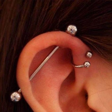 Industrial Without Bar Piercing, Ear Piercings Bar Industrial Barbell, Barbell Ear Piercing, Ear Piercing Designs, Bar Ear Piercing, Upper Ear Earrings, Bar Piercing, Industrial Piercing Jewelry, Ear Piercings Chart