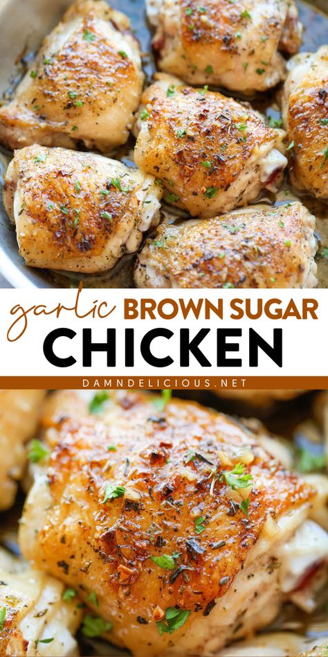 You're going to love this garlic brown sugar chicken recipe! Crisp tender with a sweet sauce, these chicken thighs are an amazing main dish for dinner. Put this simple dinner idea on your rotation! Brown Sugar Chicken Thighs, Chicken Thighs Dinner, Garlic Brown Sugar Chicken, Brown Sugar Chicken, Easy Chicken Recipe, Tasty Meat, Healthy Chicken Dinner, Chicken Thigh Recipes Baked, Easy Baked Chicken