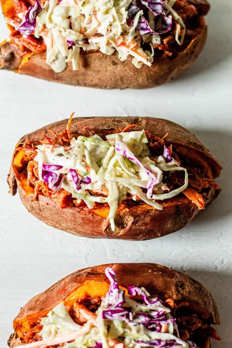 BBQ Chicken Stuffed Sweet Potatoes - All the Healthy Things Whole 30 Baked Potato, Whole 30 Sweet Potato Recipes, Bbq Chicken Baked Potato, Chicken With Barbecue Sauce, Heathy Sweets, Fresh Coleslaw, Dinner Sweet Potato, Pulled Chicken Recipe, Ms Recipes