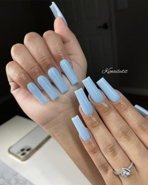 Long Acrylic Nails One Color, Light Blue Nails Plain, Sky Blue Acrylics, Baby Blue Acrylic Nails Square, Long Baby Blue Nails, Nails Acrylic Baby Blue, Long Light Blue Nails, Baby Blue Square Nails, Light Blue Nails Coffin