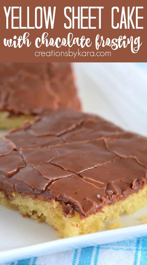 Desserts With Yellow Cake, Chocolate Frosting Yellow Cake, Sheet Cake Yellow, Easy Dessert With Yellow Cake, Homemade Yellow Cake And Chocolate Icing, Old Fashion Yellow Cake With Fudge Icing, Chocolate Icing For Yellow Cake, Yellow Sheet Cake With Chocolate Frosting, Sheet Cake Icing Recipes