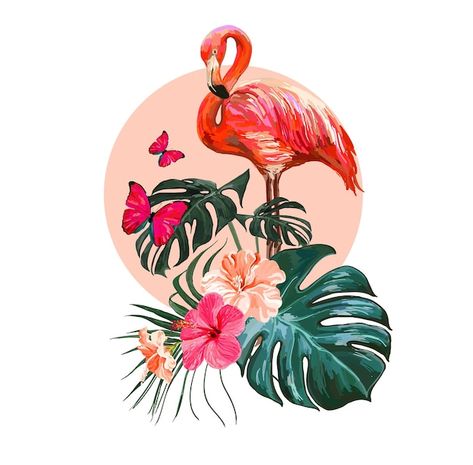 Beautiful floral exotic vector illustrat... | Premium Vector #Freepik #vector #hawaii-pattern #flamingo-pattern #hawaiian-pattern #hawaii-flower Flamingo Artwork, Tropical Leaves And Flowers, Flamingo Vector, Red Flamingo, Flamingo Illustration, Office Decor Home, Wall Art Office, Flamingo Art, Art Office