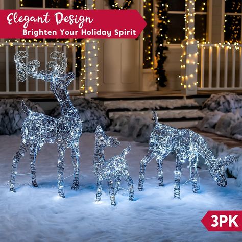 SUPER VALUE PACK. Our Christmas LED Yard Lights includes 3 Reindeers with 185 LED Cool White Lights in Clear Wire, 12 Metal Stakes, and Zip Ties. They are 2.2 Feet (Fawn), 2.3 Feet (Doe), 4 Feet (Buck) Tall. Made of Metal Frame and Synthetic Rattan. Christmas Yard Lights, Yard Lights Christmas, Christmas Outdoor Decorations, Reindeer Lights, Rattan Material, Deer Family, Safety Instructions, Yard Lights, Christmas Outdoor