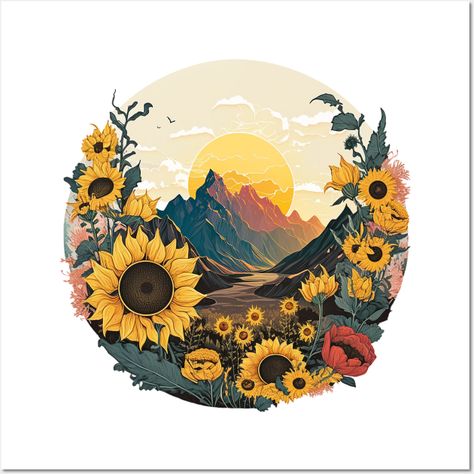 Mountain landscape with sunflowers and sun summer design -- Choose from our vast selection of art prints and posters to match with your desired size to make the perfect print or poster. Pick your favorite: Movies, TV Shows, Art, and so much more! Available in mini, small, medium, large, and extra-large depending on the design. For men, women, and children. Perfect for decoration. Sunflowers And Mushrooms, Sunflower And Sun, Sunflower Graphic Design, Sunflower Journal, Chalkboard Flowers, Tranh Decor, Dorm Door, Sunflower Illustration, Sunflower Head