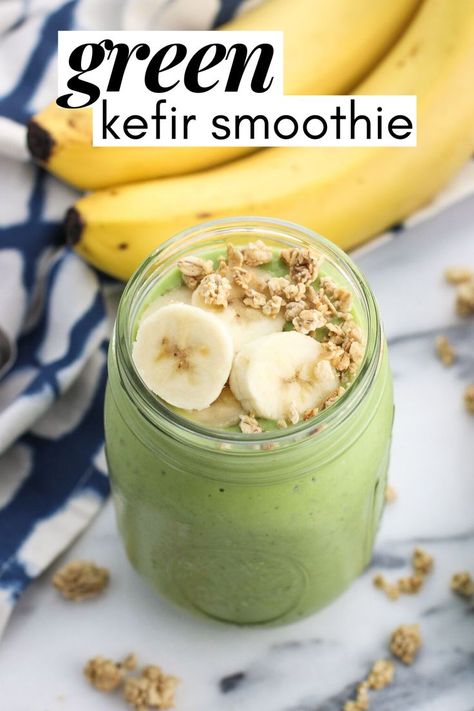 This green kefir smoothie with granola is packed with nutrients like spinach, avocado, and flax for a hearty and filling breakfast recipe. AD Milk Kefir Recipes, Filling Breakfast Recipes, Probiotic Smoothie, Kefir Smoothie, Kefir Benefits, Melon Smoothie, Healthy Gut Recipes, Spinach Avocado, Apple Smoothie