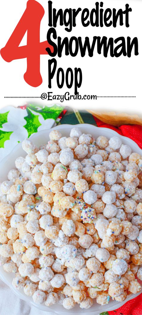 Snowman Poop: A playful and tasty winter treat! Made with crispy Kellogg's Corn Pops, melted white chocolate, snowy sprinkle candy! Add a touch of icing sugar for a whimsical snowy finish. Perfect for holiday gatherings or a fun snack with the kids! On those stay at home snow days, get them involved in making the candy and give away in pretty bags for fun teacher gifts your kids will love! Crock Pot Snowman Poop, Snow Day Snacks For Kids, Crockpot Snowman Poop, Snowman Poop Recipe White Chocolate, Snowflake Treats For Kids, Winter School Snacks, Snowman Snack Ideas, Snow Themed Snacks For Kids, Winter Theme Snacks For Kids