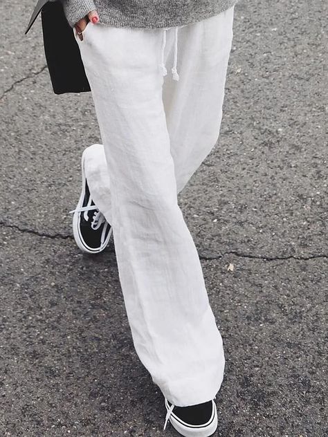 White Casual Solid Pants Gray Linen Pants Outfit, Grey Linen Pants, Linen Pants Outfit, Casual Linen Pants, Cotton Linen Pants, Linen Casual, Wide Leg Linen Pants, Maxi Robes, Cotton Bottoms