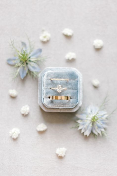 Ring Flatlay Photography, Powder Blue Wedding, Dulha Dulhan, Wedding Photo List, Ring Photography, February Wedding, India Dress, Oklahoma Wedding, Flower Installation