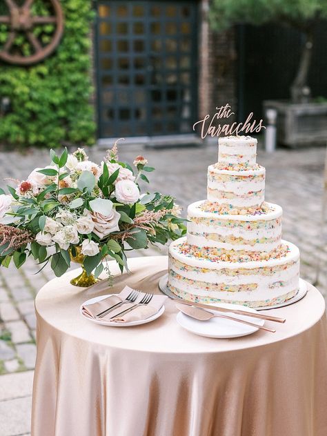 Milkbar Cake Wedding, Milk Bar Wedding Cake, Funfetti Wedding Cake Beautiful, Cake Centerpiece Wedding, Pink Roses Centerpiece, Funfetti Wedding Cake, Fun Wedding Cakes, Wedding Cake Funfetti, Sprinkle Wedding Cakes