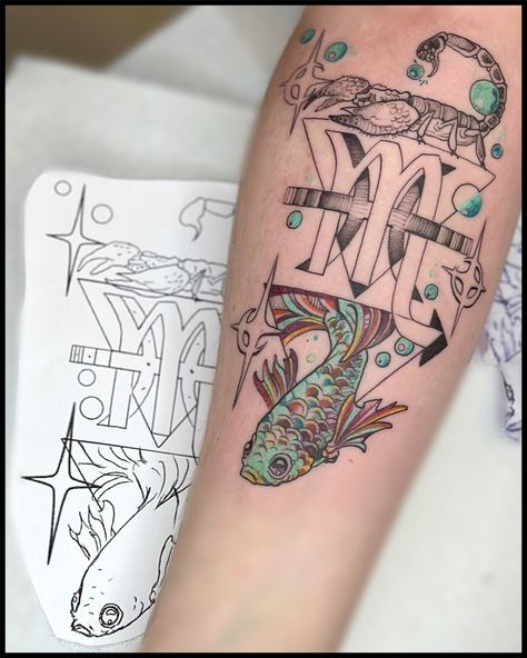 Pisces And Scorpio Tattoo Together, Scorpio And Pisces Tattoo Combined, Scorpio And Pisces Tattoo, Pisces And Scorpio Tattoo, Sis Tattoo, Couples Zodiac Tattoos, Scorpion Tattoos, Meaning Tattoos, Brother Tattoos