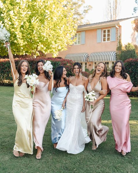 Pastel Colour Bridesmaid Dresses, Bridesmaid Dresses Different Colors, Rainbow Bridesmaids, Spring Wedding Bridesmaids, Drop Waist Wedding Dress, Pastel Bridesmaids, Beach Wedding Bridesmaid Dresses, Silk Bridesmaid Dresses, Pastel Bridesmaid Dresses