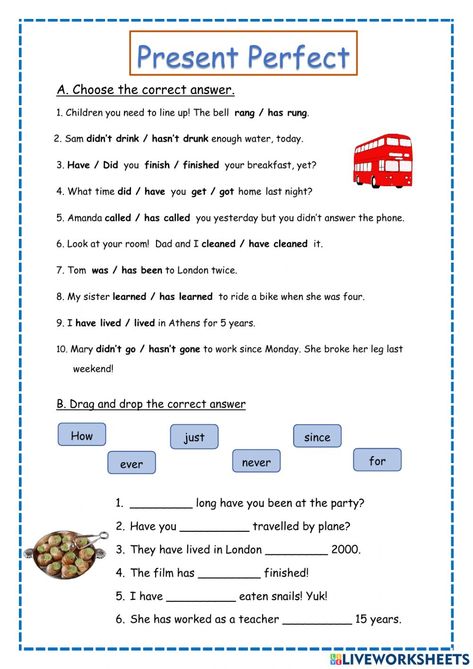 Present perfect or past simple online worksheet for Grade 6. You can do the exercises online or download the worksheet as pdf. Present Perfect Worksheets Grammar, Present Perfect Tense Worksheets, Present Perfect Worksheets, Present Perfect Tense Exercises, Present Perfect Simple, English Primary School, Tenses Exercises, Simple Past, English Teaching Materials