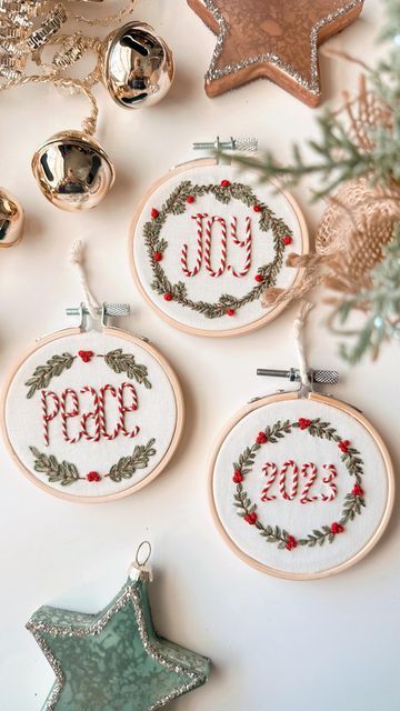 Erin 🪡🌙🌿✨ on Instagram: "The whipped backstitch makes the cutest candy cane lettering!! Huge wow factor but super simple! This ornament kit comes with a video tutorial and everything you need to create lovely handmade keepsakes you can share with others or hang on your own tree and enjoy year often year! Someone even mentioned using them as gift tags! Very beginner friendly too! #embroidery #christmasembroidery #embroiderykit #diyembroidery #handembroiderykit #christmascrafts #needlearts #newcraft #holidaycrafts #diyornament #ornamentkit #handmadeornaments" Mini Embroidery Hoop Ornaments, Christmas Wreaths Ornaments, Embroidery Christmas Wreath, Noel Embroidery, Christmas Embroidery Ornaments, Whipped Backstitch, Christmas Wreath Embroidery, Embroidery Hoop Christmas Ornaments, Embroidery Christmas Ornaments