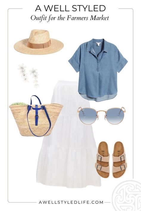 Musing about feminine style and sharing an outfit of the week, a well styled out to wear to the farmers market. Summer Farmers Market, Monday Musings, Color Analysis Summer, Farmers Market Outfit, Market Outfit, Outfit Of The Week, White Cotton Skirt, Better Style, Short And Sweet