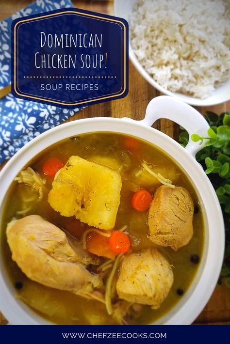 Dominican Chicken Soup is a special yet delicious Chicken Soup that is great year round! This Sopa de Pollo captures classic Latin flavors while still feeling and tasting like best of comfort foods. This recipe is easy to follow and will certainly leave you satisfied! #HomemadeChickenSoup #SopaDePollo #DominicanRecipes #ChefZeeCooks Dominican Chicken Soup Recipes, Spanish Chicken Soup Recipes, Latin Chicken Soup, Dominican Chicken Stew, Dominican Soup Recipes, Dominican Chicken Soup, Sancocho Dominicano Recipe, Dominican Soup, Chicken Sopas Recipe