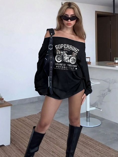 Women's Casual Motorcycle Letter Print Off-Shoulder Long Sleeve T-Shirt, Spring & Summer Black Casual  Long Sleeve Polyester Animal,Colorblock,Graphic,Letter  High Stretch  Women Clothing, size features are:Bust: ,Length: ,Sleeve Length: Drift Event Outfit, Black Outfits For Women Concert, Baggy Off Shoulder Top, Off Shoulder T Shirt Outfit, Street Style Women 2024, Off The Shoulder T Shirt Outfit, Large Shirt Outfit Women, Off Shoulder Shirt Outfit, Motorcycle Style Women