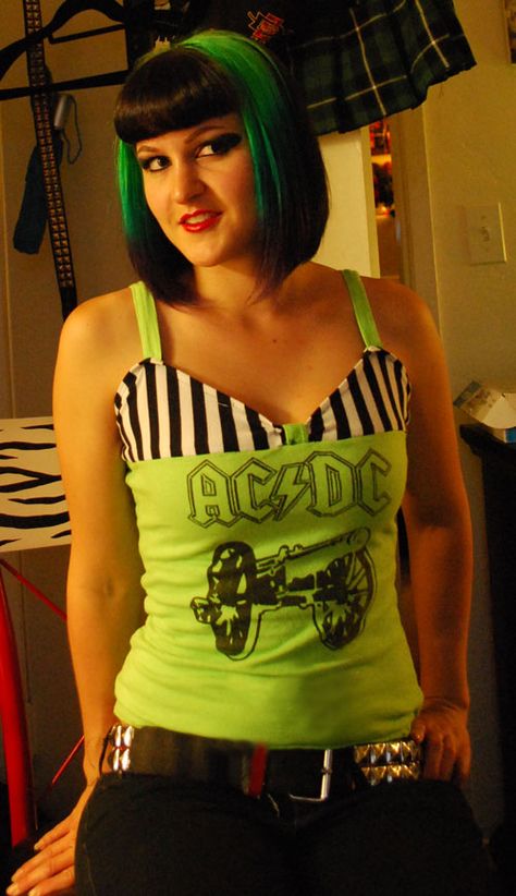 AC DC logo silk screened on a green tee, sew into a DIY tank top, by Kristen Allen Ac Dc Logo, Diy Tank Top, Acdc Logo, Diy Cut Shirts, Dc Logo, Cut Up Shirts, Diy Tank, Fashion Future, Diy Fashion Accessories