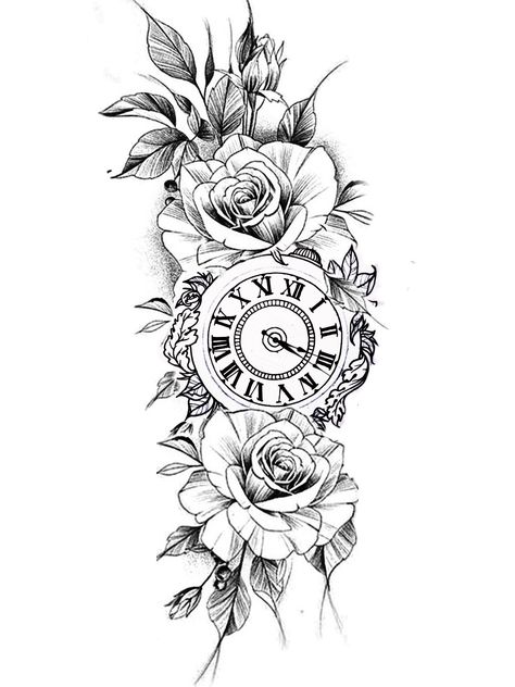 Clock And Rose Tattoo, Rosen Tattoo Frau, Watch Tattoo Design, Interesting Tattoos, Half Sleeve Tattoos Drawings, Bauch Tattoos, Rose Tattoos For Women, Clock Tattoo Design, Tattoos For Women Half Sleeve