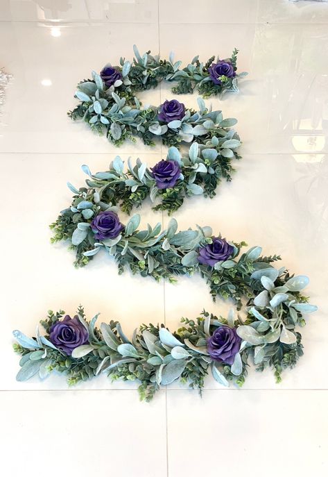 Eucalyptus Greenery Wedding, Purple And Succulent Centerpieces, Purple And Greenery Wedding Centerpieces, Plum And Sage Wedding Centerpieces, Purple And Eucalyptus Wedding, Lavender And Eucalyptus Wedding Decor, Purple Table Runner Wedding, Purple Flower Wedding Centerpieces, Long Table Centerpieces Wedding Floral Arrangements