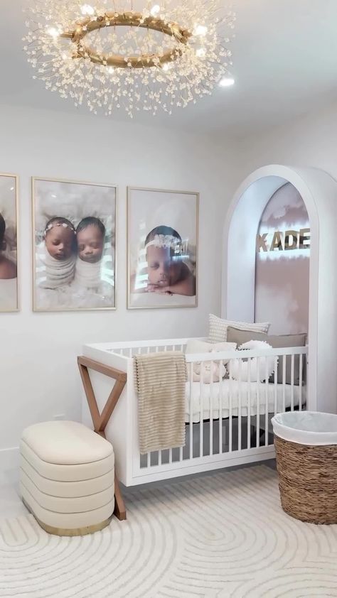 Twins Nursery Room Gender Neutral, Nursery Room For Twins, Bedroom And Baby Room Combined, Triplets Nursery Luxury, Nursery Ideas Twins Boy And Girl, Twin Nursery Set Up, 2 Cribs Shared Room, High End Nursery, Twins Nursery Boy And Girl