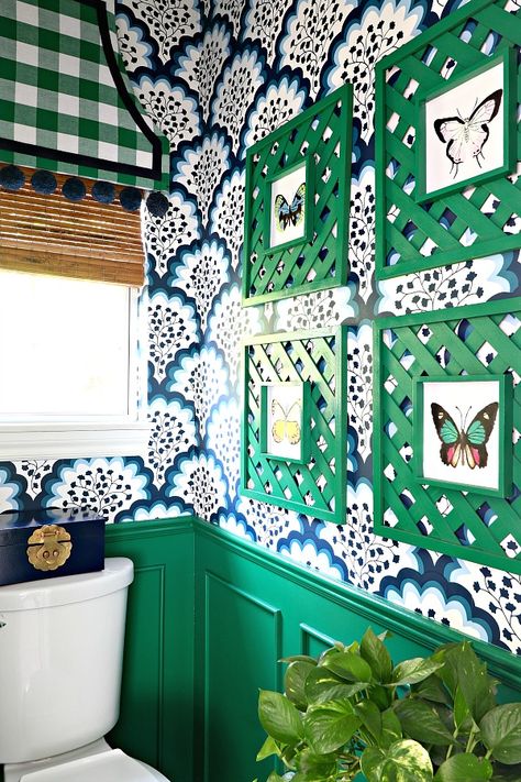 GREEN, BLUE AND WHITE MASTER BATHROOM REVEAL PART 2 - Dimples and Tangles Maximalist Bathroom Decor, Maximalist Bathroom, Dimples And Tangles, Window Cornices, Eclectic Bathroom, Challenge Week, Room Challenge, Granny Chic, Green Bathroom