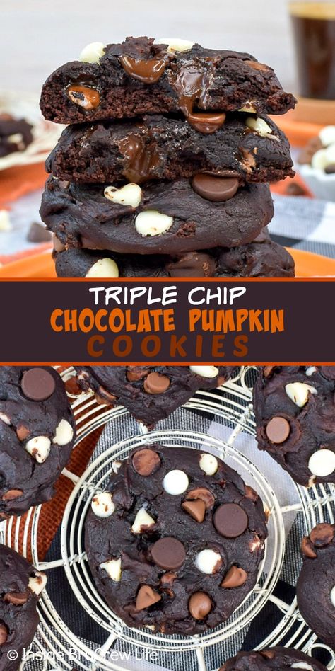 Chocolate Pumpkin Cookies, Brownie Hacks, Pumpkin Cookies Healthy, Pumpkin Cookies Easy, Cookies Pumpkin, Dark Chocolate Chip Cookies, Fall Eats, Pumpkin Cookie Recipe, Amazing Meals