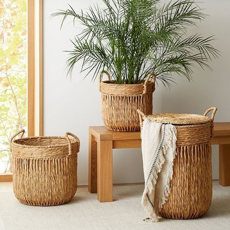 Laundry Hamper With Lid, West Elm Kids, Home Storage Solutions, Seagrass Basket, Vertical Lines, Water Hyacinth, Large Baskets, Laundry Hamper, Wicker Laundry Basket