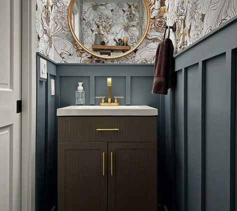 Batten And Wallpaper, Board And Batten And Wallpaper, 2000s Bathroom, Wallpaper Board And Batten, Glam Powder Room, Round Wooden Mirror, Wallpaper Powder Room, Tile Accent Wall, Old Vanity