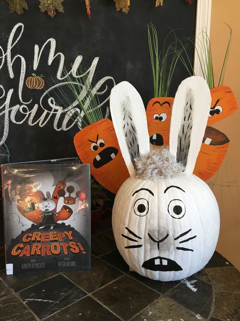 Jasper Rabbit Creepy Carrots book character painted pumpkin Jasper Rabbit Pumpkin, Class Pumpkin Painting Ideas, Painted Pumpkin Ideas Based On Books, Literary Character Pumpkins, Painted Pumpkin Ideas Book Character, Creepy Carrots Pumpkin Decorating, Rabbit Pumpkin Decorating, Jasper Rabbit Creepy Carrots Costume, Pumpkin Book Character Ideas