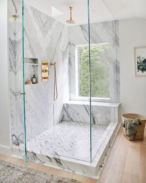 Amber Lewis on Instagram: “My team tackled two installs on opposite sides of town... it was 965 degrees outside and we are all BEAT!! Give me a shower, and a glass of…” Shower Windows Ideas, Marble Walls, Window In Shower, Marble Showers, Master Bath Remodel, Amber Interiors, Bathroom Renos, The Shower, Bathroom Remodel Master