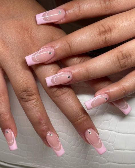 Nails With Letter K On It, Pink French Tip With Diamonds, Pink French Nails With Gems, Pink French Tip Nails With Diamonds, Summer Nails Gems, Baby Pink Nails With Design Art Ideas, Pink French With Rhinestones, Pink French Tip Nails With Gems, Pink French Tip With Gems