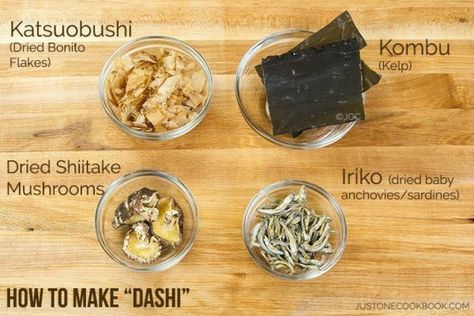 Dashi ingredients for 3 Ways To Make Dashi - Learn how to make Japanese dashi stock at home with 3 simple methods today! #dashi #japanesefood #asianrecipes #soupbrothrecipes #howtomakesoupbroth #dashibroth #だし | Easy Japanese Recipes at JustOneCookbook.com Dashi Recipe, Easy Bento, Just One Cookbook, Stock Recipes, Japanese Soup, Easy Japanese Recipes, Bento Ideas, Japanese Recipes, Asian Soup