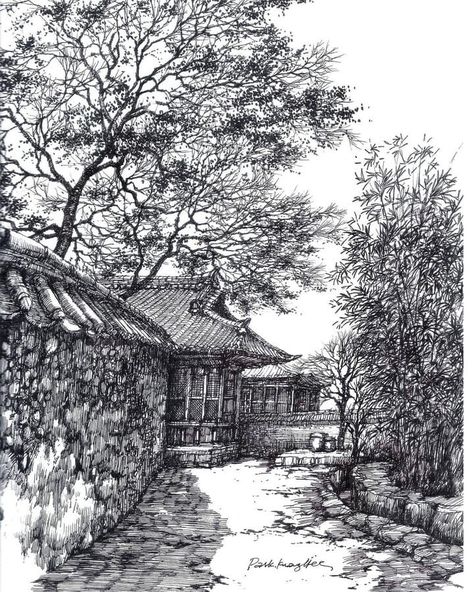 Quiet village scene by sketch_forum Urban Drawings, Paintings Of Landscapes, Village Drawing, Cityscape Drawing, Tiny Paintings, Tree Drawings Pencil, Pen Art Work, Ink Pen Art, Perspective Drawing Architecture