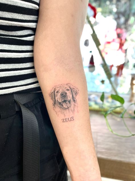 Ollie Tattoo, Pet Portrait Tattoos, Golden Retriever Tattoo, Pet Tattoo Ideas, Pet Tattoos, Perros Golden Retriever, Portrait Tattoos, Small Pretty Tattoos, Different Artists