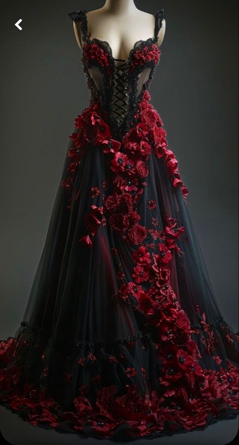 Blood Red Wedding Dress, Black And Red Dress Formal, Black Dress With Red Roses, Red And Black Dresses, Witch Dresses, Red And White Wedding Dress, Red Masquerade Dress, Vintage Gothic Wedding Dress, Persephone Dress