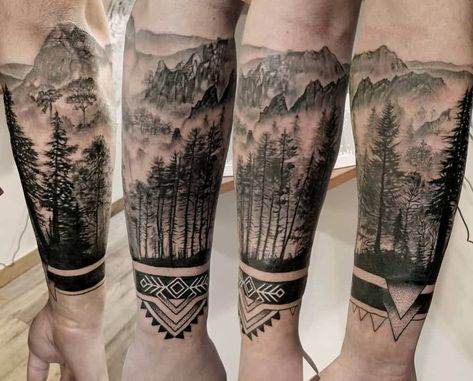 Mountain Sleeve Tattoo, Forest Tattoo Sleeve, Natur Tattoo Arm, Tree Silhouette Tattoo, Tato Maori, Tree Sleeve Tattoo, Tree Tattoo Arm, Silhouette Tattoo, Forest Tattoo