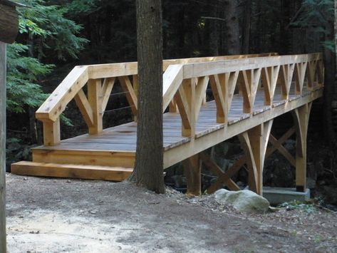 15 Mile Stream Foot Bridge Wooden Bridge Garden, Yard Bridge, Bridge Railing, Sawmill Lumber, Backyard Bridges, Outdoor Bridges, Garden Stream, Log Home Floor Plans, Sky Bridge