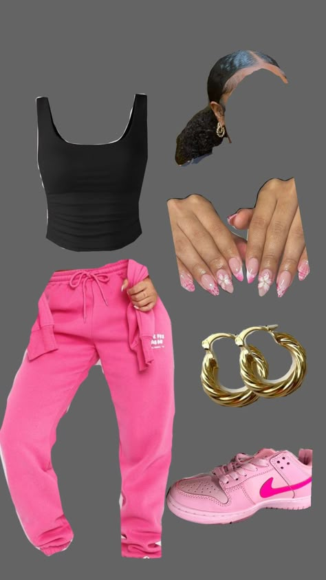 #oufitinspo #ootd #pink #slickback Pink Sweatshirt Outfit Black Women, Sweatshirt Outfit Black Women, Pink Outfit Black Women, Outfits Dunks, Pink Sweatshirt Outfit, Dunks Outfits, Baddie Outfit Ideas, Pink Baddie, Black And White Outfits