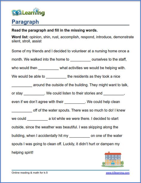 paragraph fill in the missing words 4th Grade Vocabulary Words, Teaching Paragraph Writing, Paragraph Writing Worksheets, Synonym Activities, Paragraph Worksheets, 4th Grade Reading Worksheets, English Comprehension, Cloze Passages, Conjunctions Worksheet